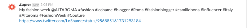 In the above example, Zapier will send the name of the mention and the URL to the Slack channel. The final result will look like this in your Slack channel: